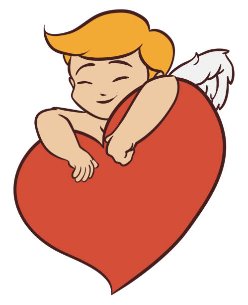 Happy blond Cupid behind giant heart, Vector illustration Cute blond Cupid holding a giant red heart. Design in flat style and outlines, isolated over white background. winged cherub stock illustrations