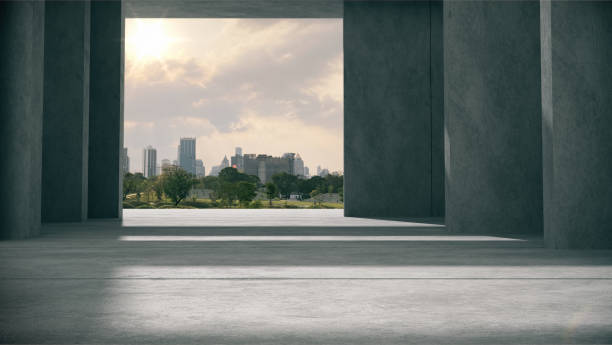 istock Space for products is shown in the concrete hallway with a park background. 1372572379