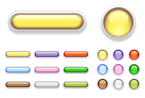 Glossy color buttons for any navigational or navigation use in UI and any interface in general. Great for gaming.  Stock vector illustration in yellow, violet, red, blue, pink, green, brown, white, and olive green.