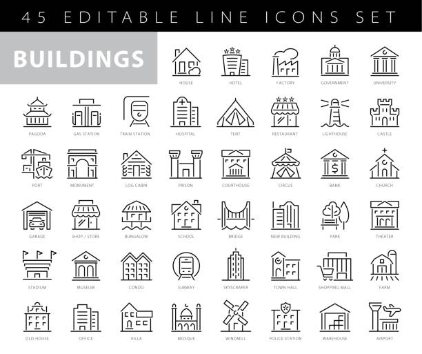 ライン アイコンを構築します。編集可能なストローク。ピクセルパーフェクト。モバイルとウェブ用。建物、建築、建設、不動産、家、ホーム、学校、ホテル、教会、城などのアイコンが含 - building icon点のイラスト素材／クリップアート素材／マンガ素材／アイコン素材