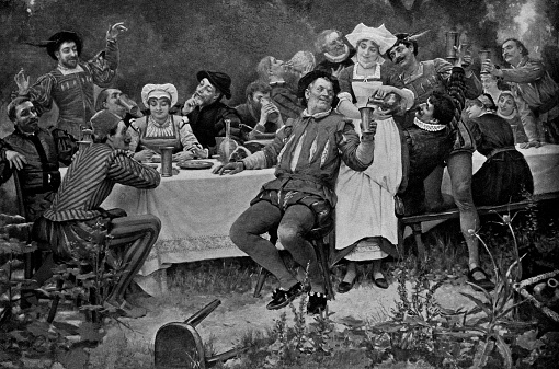 “A Jovial Bout” or Repas Champêtre (Country Meal), painting by Jules Arsene Garnier (circa 19th century). Vintage etching circa 19th century.