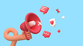 istock 3d cartoon hand holding loudspeaker vector illustration. Customer attraction. Social media marketing. 1372574437