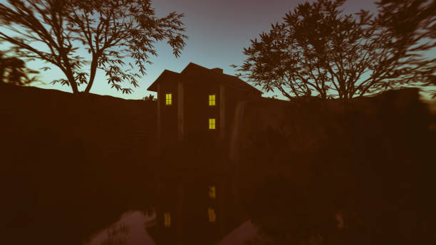 Water mill house with illuminated windows between trees under a blue sky at dusk. 3D render.