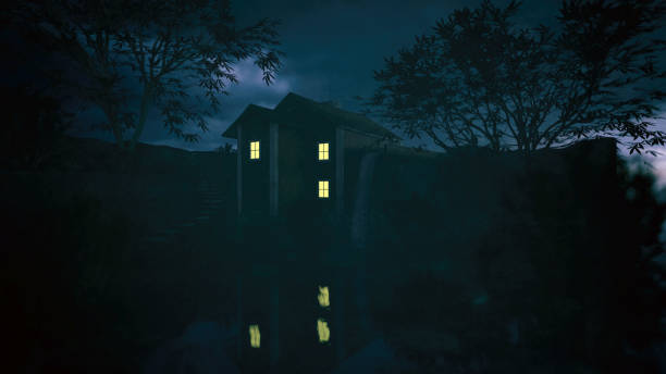 istock Water mill house with illuminated windows between trees under a cloudy sky during twilight. 3D render. 1372574719