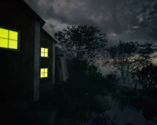 istock Water mill house with illuminated windows between trees under a cloudy sky during twilight. 3D render. 1372574733