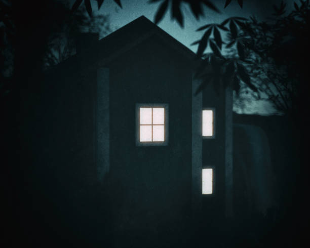 istock Illuminated windows of a water mill house between trees at dusk. 3D render. 1372574751