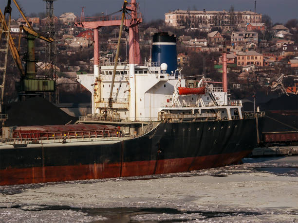 Ship at Mariupol Port at Winter with Ice