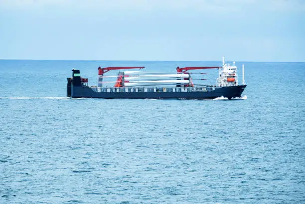 Mid distance shot: Transport of several rotor blades for wind turbines by ship at sea