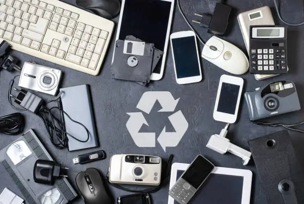 Photo of Old electronic devices on a dark background. The concept of recycling and disposal of electronic waste.