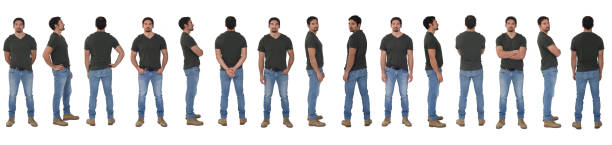 man isolated on white background line of same man with various poses on white background man standing profile stock pictures, royalty-free photos & images