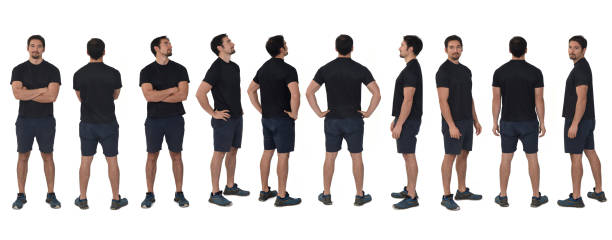 man isolated on white background large group of same man sportswear on white background man standing profile stock pictures, royalty-free photos & images