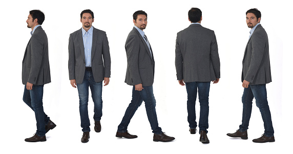 line of front, back and side view  of same man walking on white backgruound