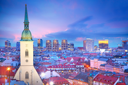 Aerial view of Slovak capital Bratislava by twilight with tower of  St Martin's Cathedral (Katedrála svätého Martina)