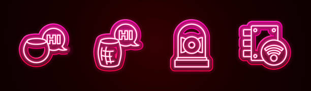 istock Set line Voice assistant, , Ringing alarm bell and Digital door lock. Glowing neon icon. Vector 1372583896
