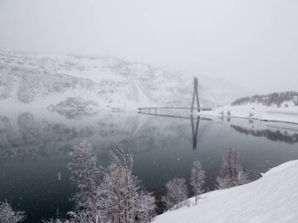 The Kafjord in Alta Municipality in Troms og Finnmark county, Norway, is crossed by a bridgeof the European route E06 highway follows the northern shoreline of the fjord.