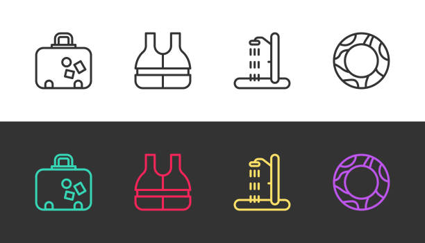 комплект линии чемодан, спасательный жилет, пляжный душ и резиновое плавательное кольцо на черно-белом цвете. вектор - life jacket safety isolated sea stock illustrations