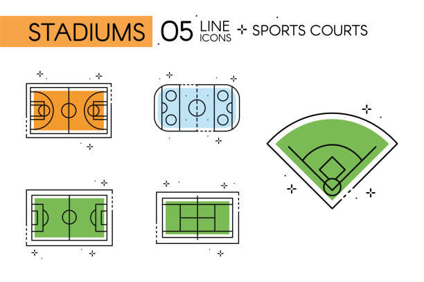 ilustrações de stock, clip art, desenhos animados e ícones de set of different aerial view flat design sport fields vector - tennis court aerial view vector