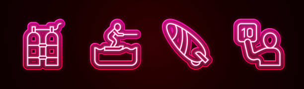 istock Set line Aqualung, Water skiing man, Surfboard and Assessment of judges. Glowing neon icon. Vector 1372586030