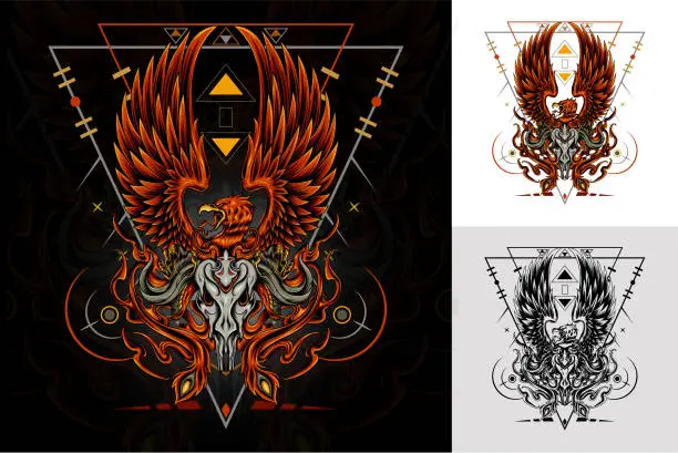 Vector illustration of Digital drawing of the phoenix bird in dark art style on sacred geometry background