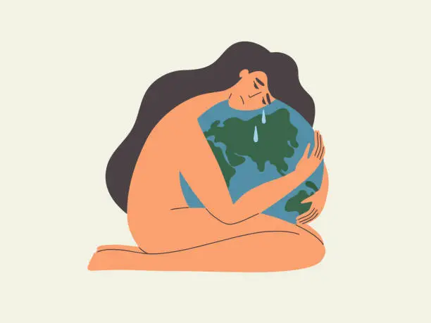 Vector illustration of No war concept, ecology social issue vector illustration with young woman crying hugging planet Earth
