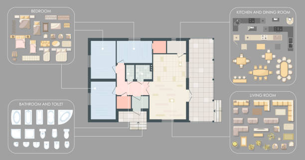 plan piętra z meblami ustawionymi z widokiem z góry do wystroju wnętrza domu. kolorowy architektoniczny plan piętra technicznego. trzy sypialnie apartament architektoniczny rysunek cad. zestaw wektorowy z elementami projektu - two dimensional shape stock illustrations