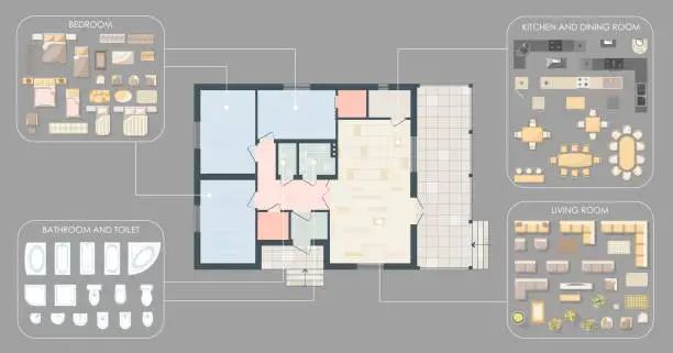 Vector illustration of Floor Plan with furniture set top view for interior design of a house. Colored Architectural Technical floor plan. Three Bedrooms apartment architectural CAD drawing. Vector kit with design elements