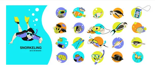 Vector illustration of Snorkeling and diving: set of 20 vector elements on dice fish, flippers, corals, turtles, underwater world. Vector illustration in flat cartoon style
