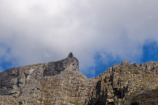 View of the Table Mountain Aerial Cableway on a foggy day, South Africa