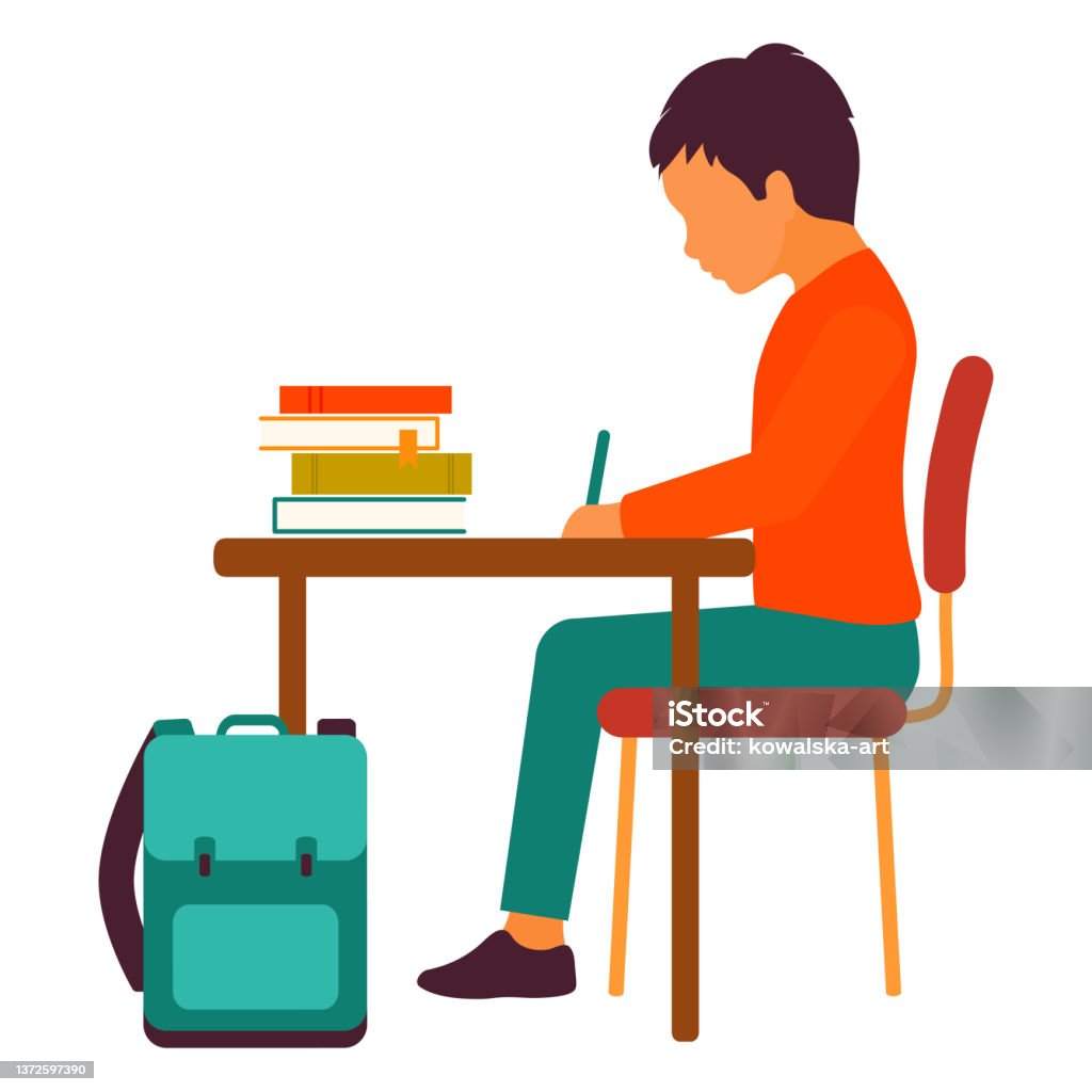 School kid At His Desk, Boy doing homework - Royalty-free Öğrenci Vector Art School kid At His Desk, Boy doing homework - Royalty-free Öğrenci Vector Art