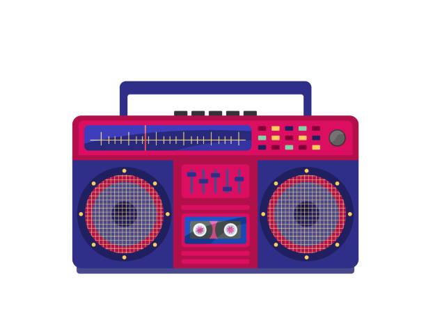 illustrazioni stock, clip art, cartoni animati e icone di tendenza di boombox oggetto vettoriale isolato. registratore audio dispositivo retrò da 80 e 90s. illustrazione piatta di attrezzature musicali colorate alla moda su sfondo bianco - white background audio