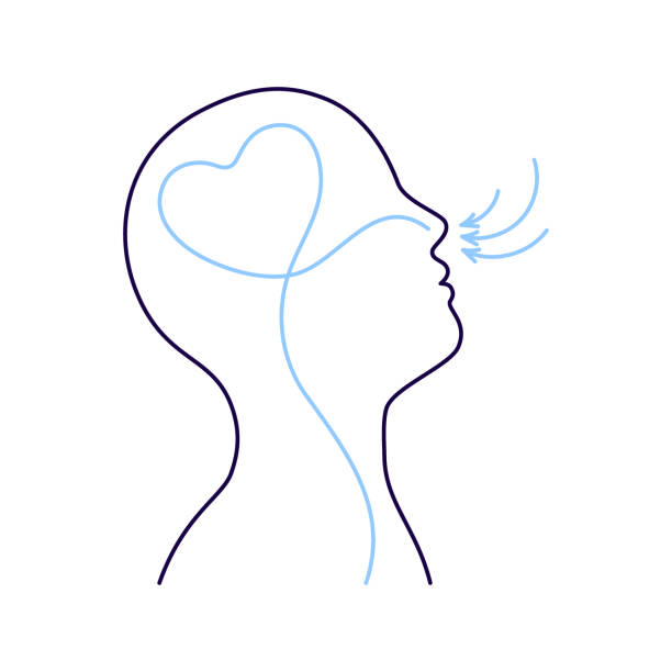 Breathing exercise, deep breath through nose for benefit and good work brain. Healthy yoga and relaxation. Vector outline illustration Breathing exercise, deep breath through nose for benefit and good work brain. Healthy yoga and relaxation. Vector illustration inhaling stock illustrations