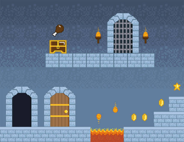 pixelart videogame castle scene and lave
