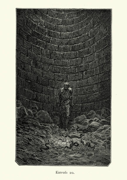 Knight held prisoner in a snake infested dungeon, medieval chivalric romance Vintage illustration of scene from Orlando Furioso illustrated by Gustave Dore, a medieval chivalric romance. Knight held prisoner in a snake infested dungeon dungeon medieval prison prison cell stock illustrations