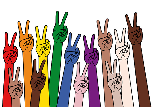 human hands with peace sign, victory symbol, diversity concept, rainbow colors, LGBT, vector illustration