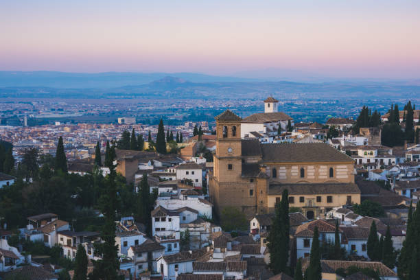 Sunrise skyline view of Albaicin district of Granada from Sacromonte, andalucia, spain stock photo