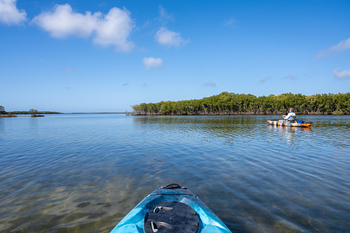 Kayaker fishing on the Gulf of Mexico near Crystal River, Florida among mangrove islands.