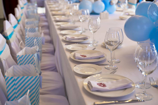 istock Beautiful table setting for a wedding celebration in a restaurant. 1372609065