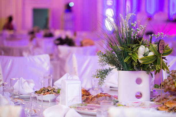 Beautiful table setting for a wedding celebration in a restaurant.