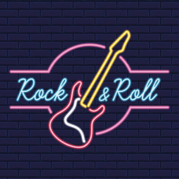 Colored neon poster rock and roll club Vector Colored neon poster rock and roll club Vector illustration guitar borders stock illustrations