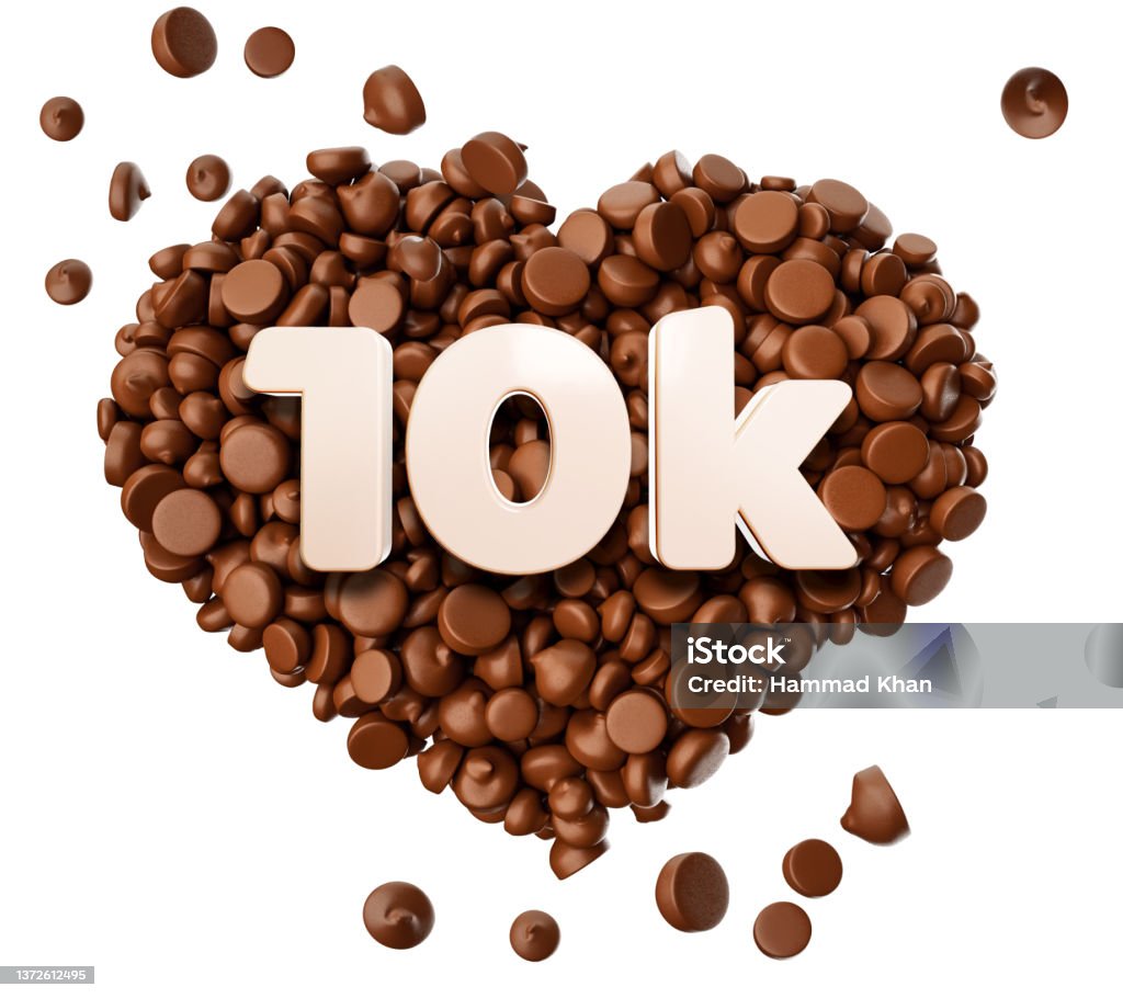 10k Likes 3d Text on Chocolate Chips Pieces Love 3d illustration 10000 Meter Stock Photo