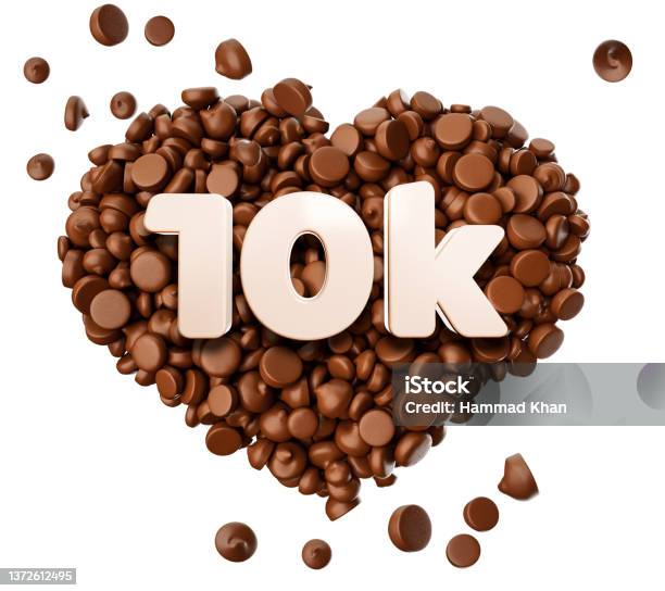 10k Likes 3d Text On Chocolate Chips Pieces Love 3d Illustration Stock Photo - Download Image Now