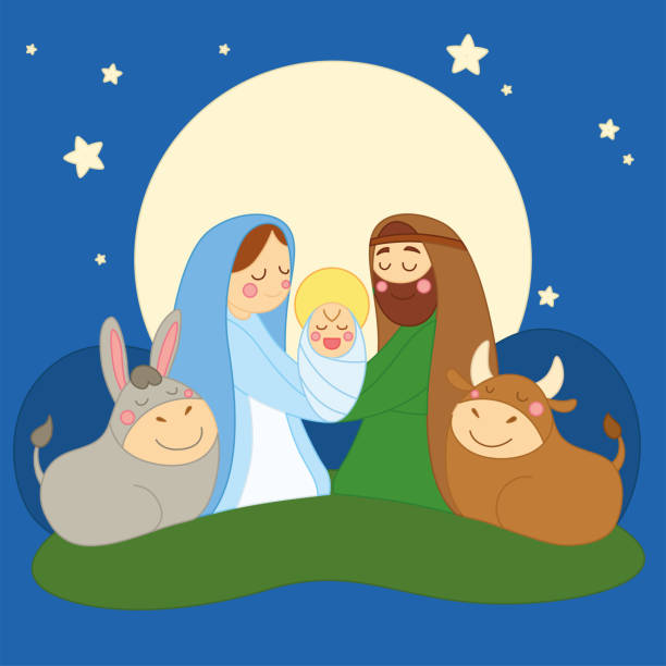 istock Nativity scene cartoon in the night Child Jesus Joseph and Mary Vector 1372618874
