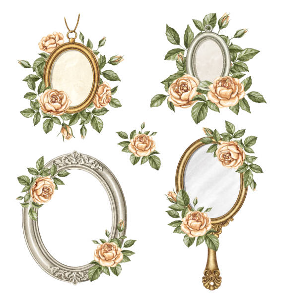 ilustrações de stock, clip art, desenhos animados e ícones de watercolor set with vintage female accessories and  flowers - jewelry collection white background white