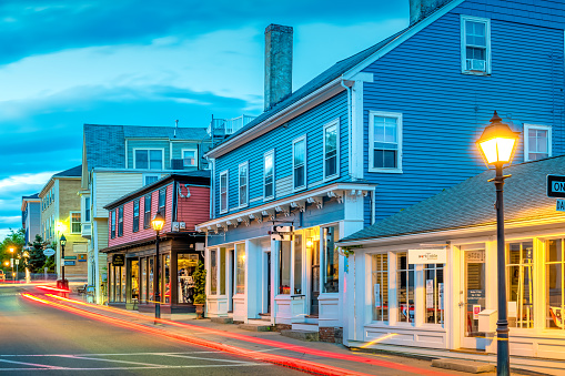 Colorful, charming stores in downtown Marblehead, near Boston, Massachusetts, USA