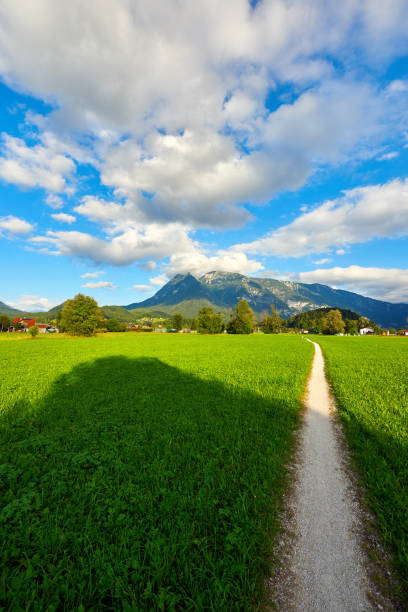 Beautiful Austrian Landscape with Field, Mountains and Pathway. Bad Goisern, Upper Austria.