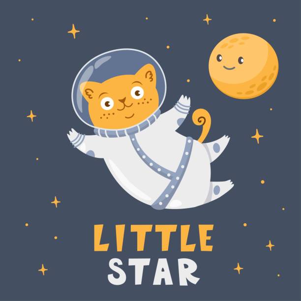 Cute vector print for kids clothes Cute vector print for kids clothes. Astronaut cat flies in space. Near the moon and stars. Lettering, the inscription little star domestic cat greece stock illustrations