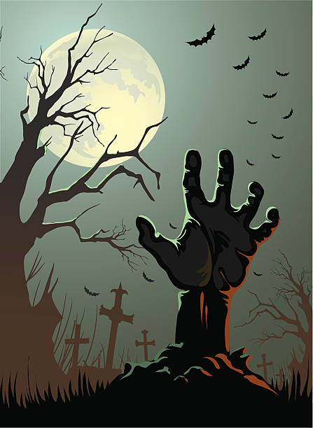 Cartoon Zombie hand coming out of the ground halloween background  spooky illustrations stock illustrations