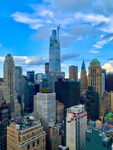 A view of midtown Manhattan, looking east; includes views of One Vanderbilt (under construction) and the Chrysler Building