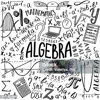 istock Maths symbols icon set. Algebra or mathematics subject doodle design. Education and study concept. Back to school background for notebook, not pad, sketchbook. Hand drawn illustration. 1372637956