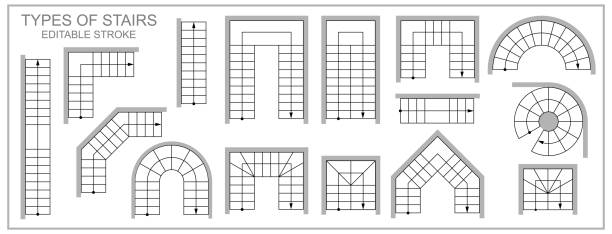 illustrazioni stock, clip art, cartoni animati e icone di tendenza di simbolo della vista dall'alto delle scale. tipi di scale in pianta o mappa per progetto o progetto. set schematico architettonico di oggetti isolati. icone vettoriali su sfondo bianco - vehicle interior construction blueprint plan